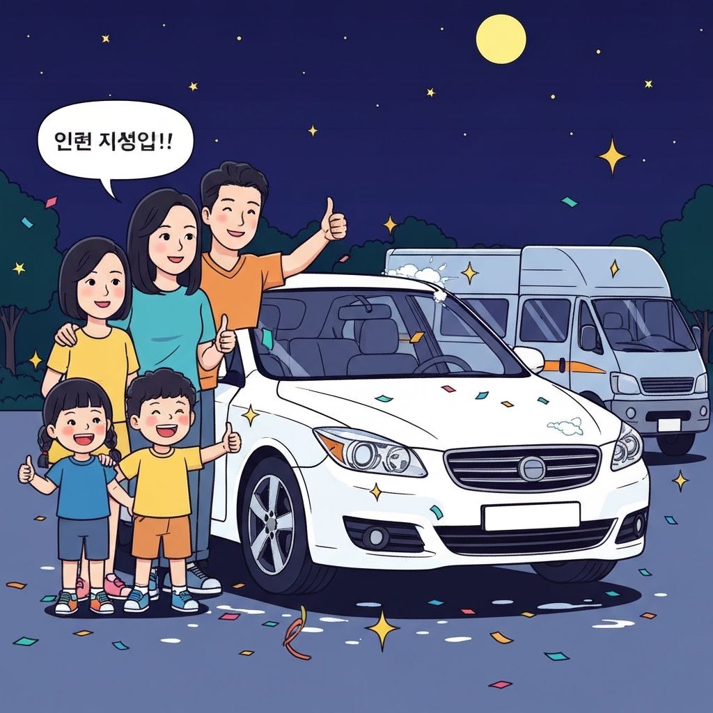 행복한 한국인 가족이 깨끗해진 차 앞에서 기뻐하는 만화 그림