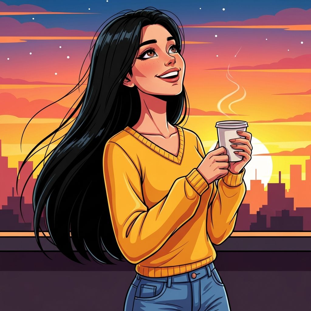 야간 출장세차 - 만화 스타일 여성 직원이 밤에 반짝이는 차 앞에서 엄지 척